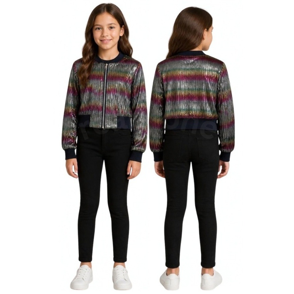 Beautees Girls Metallic Rainbow Pleated Cropped Zip-Up Bomber Jacket Size 10